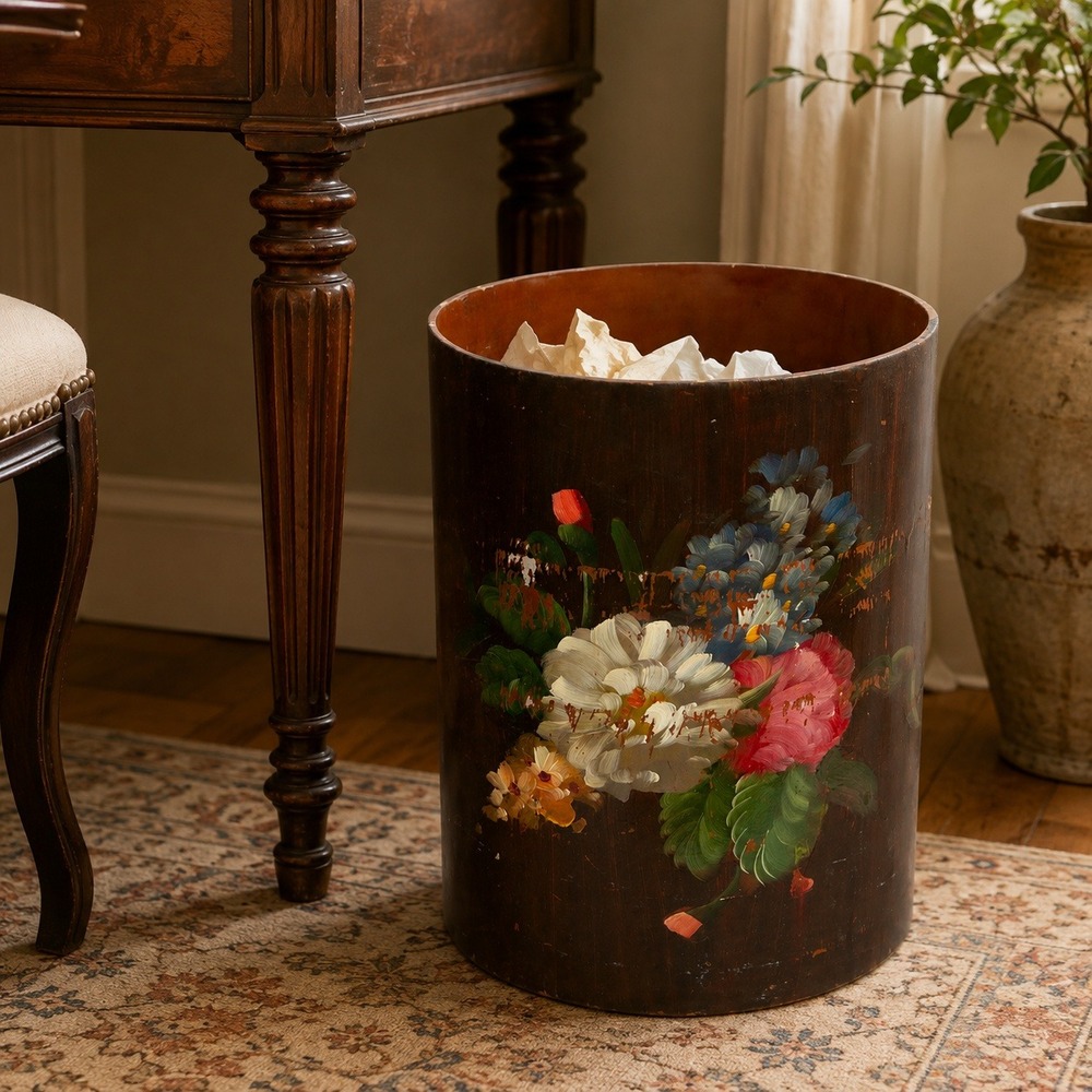 Vintage Hand Painted Wooden Floral Wastebasket Trash Can Folk Art Brown